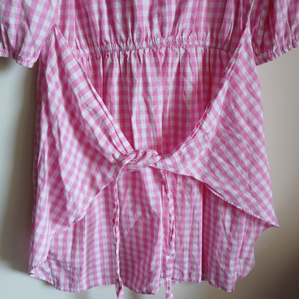 Fashion- Pink Gingham Elbow Sleeves with Wrap  Waist Front/Side Tie Dress - Picture 9 of 11